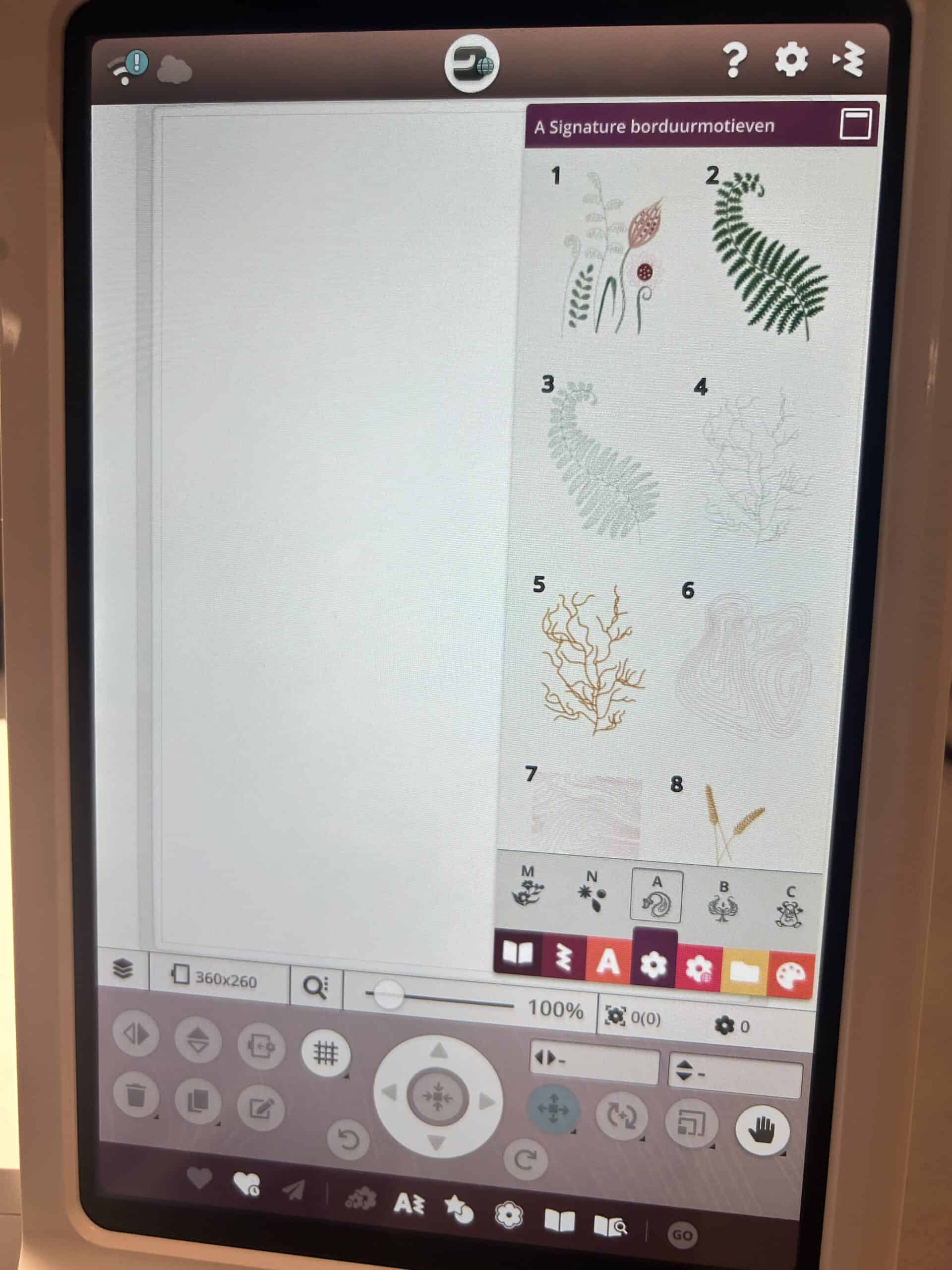 IMG_3681 - Eltink Naaimachines Tablet screen displaying an embroidery motif catalog with numbered botanical designs 1–8 on the right panel, title in Dutch, and UI icons surrounding it.
