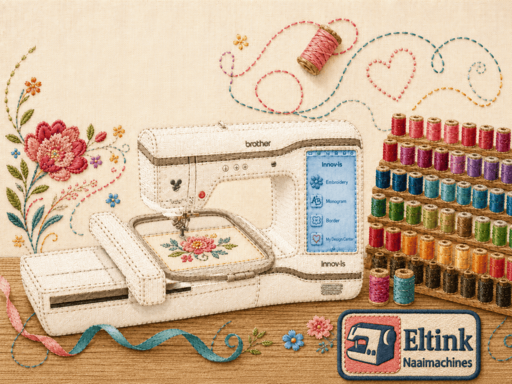 White Brother Innov-is sewing/embroidery machine on a wooden table with colorful thread spools and floral embroidery.