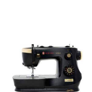 SINGER HD500 Classic sewing machine in black with gold accents, side view showing controls and needle area