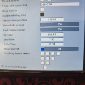 Sewing machine diagnostic screen: Embr. unit connected; presser foot position 11844; On-Time 189:55; Sew-Time 7:53; Emb-Time 19:31; motor current 39; Main Motor Engaged.