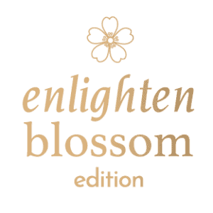 Logo for Enlighten Blossom Edition featuring a gold flower above the words 'enlighten blossom edition' in a serif font.