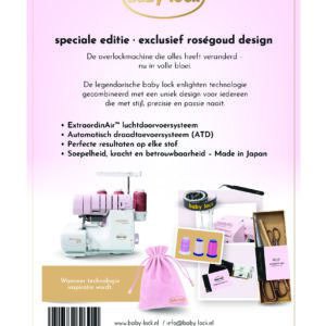Pink Baby Lock promotional page with logo and Dutch copy about a special edition sewing design, plus images of sewing machines and accessories and a QR code at the bottom.