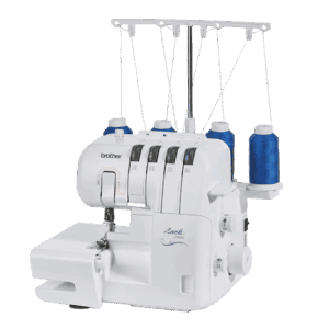 White Brother Lock 2104D serger sewing machine with four thread spools and threading guides on top visually connected by threads