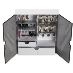 White metal storage cabinet with doors open, showing organized compartments and drawers for tools/utensils inside.