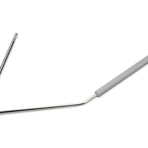 Dental explorer/probe with curved hooked tip and gray handle.