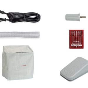 Assorted sewing machine accessories: power cord, small gray tool, zipper tape, fabric cover, Bernina accessory pack, and a foot pedal.